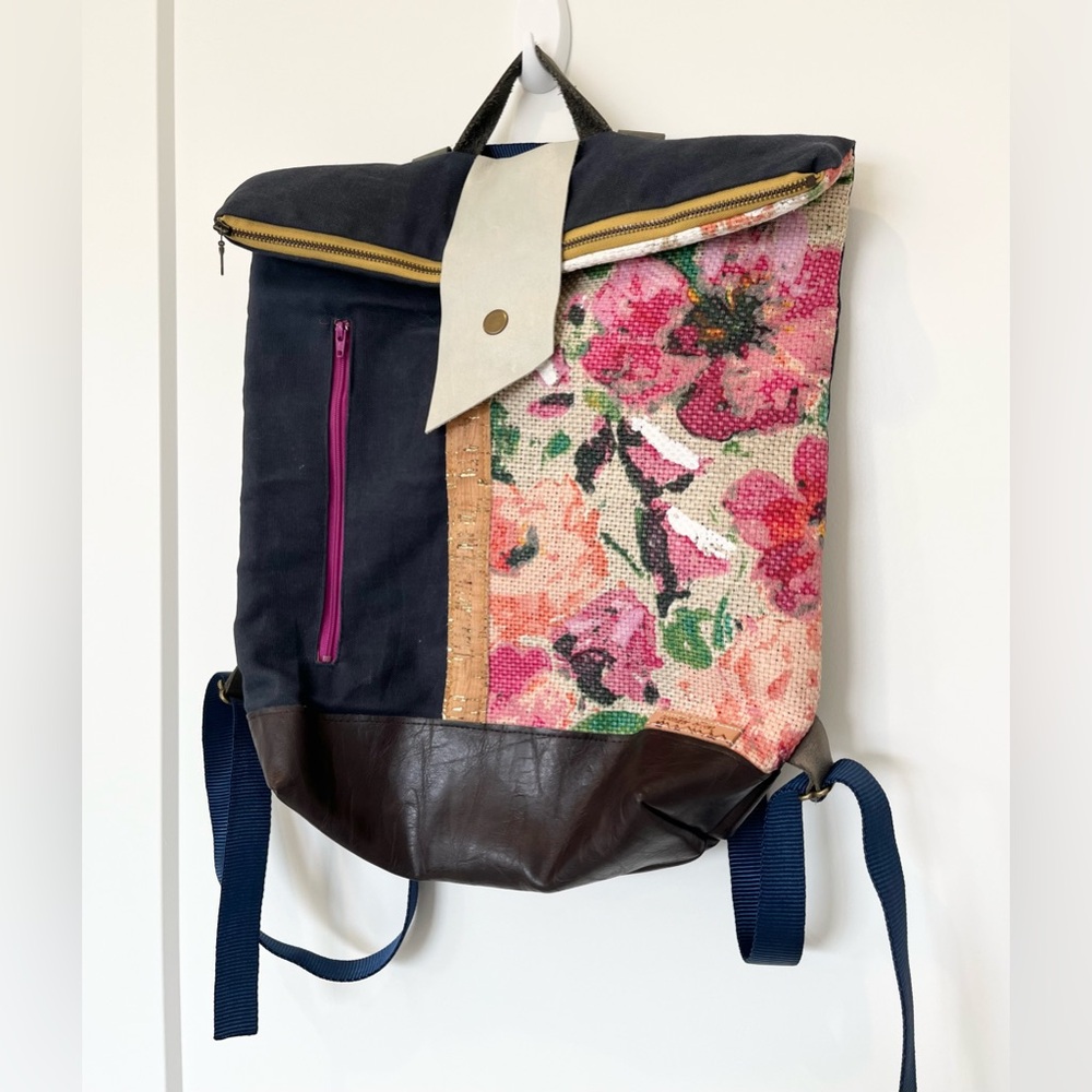 Handmade Roll Zip Backpack Denim Hand Painted Floral Textile Leather Boho Bag - Picture 3 of 13